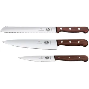 Kokkekniv sett stål og kebony brun