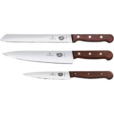 Kokkekniv sett stål og kebony brun