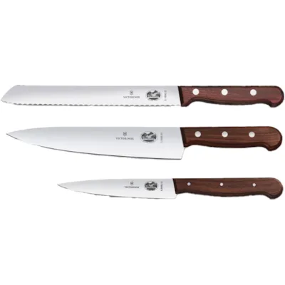 Kokkekniv sett stål og kebony brun