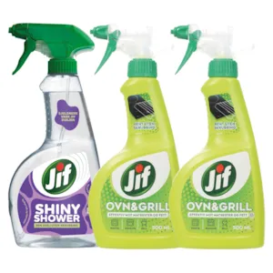 Kit med 1 dusjrengjøringspray og 2 ovn og grillspray