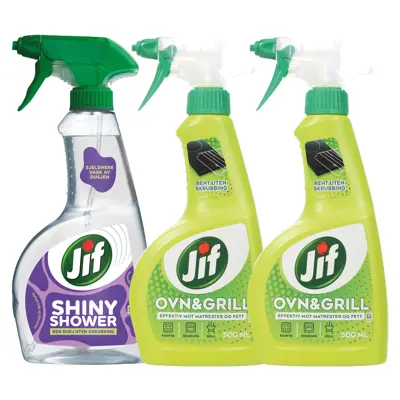 Kit med 1 dusjrengjøringspray og 2 ovn og grillspray