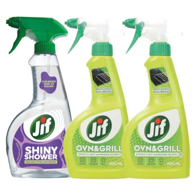Kit med 1 dusjrengjøringspray og 2 ovn og grillspray