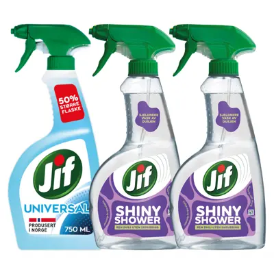 Kit med 1 universalspray og 2 dusjrengjøringspray