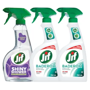Kit med 1 dusjrengjøringspray og 2 baderomspray