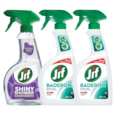 Kit med 1 dusjrengjøringspray og 2 baderomspray