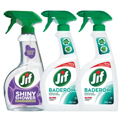 Kit med 1 dusjrengjøringspray og 2 baderomspray