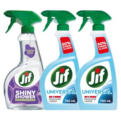 Kit med 1 dusjrengjøringspray og 2 universalspray