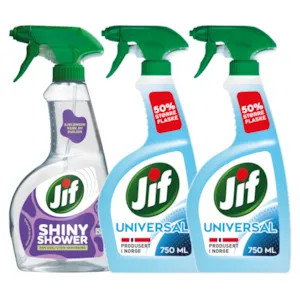 Kit med 1 dusjrengjøringspray og 2 universalspray