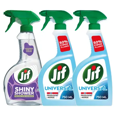 Kit med 1 dusjrengjøringspray og 2 universalspray