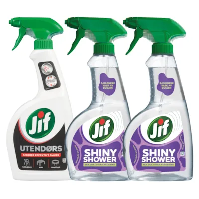 Kit med 1 utendørspray og 2 dusjrengjøringspray