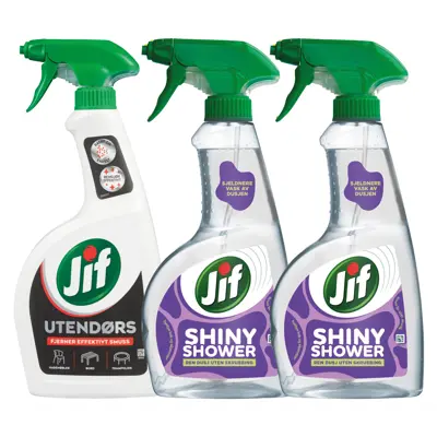Kit med 1 utendørspray og 2 dusjrengjøringspray