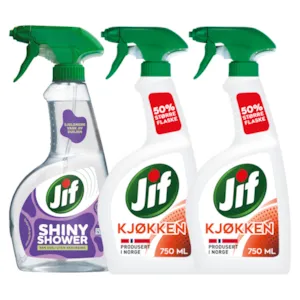 Kit med 1 dusjrengjøringspray og 2 kjøkkenspray