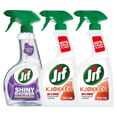 Kit med 1 dusjrengjøringspray og 2 kjøkkenspray