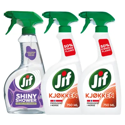 Kit med 1 dusjrengjøringspray og 2 kjøkkenspray