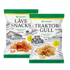 Traktorgull og Låvesnacks potetchips à 150 g