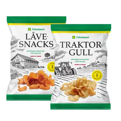 Traktorgull og Låvesnacks potetchips à 150 g