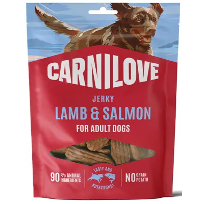 Hundesnacks Jerky lam og laks 100 g